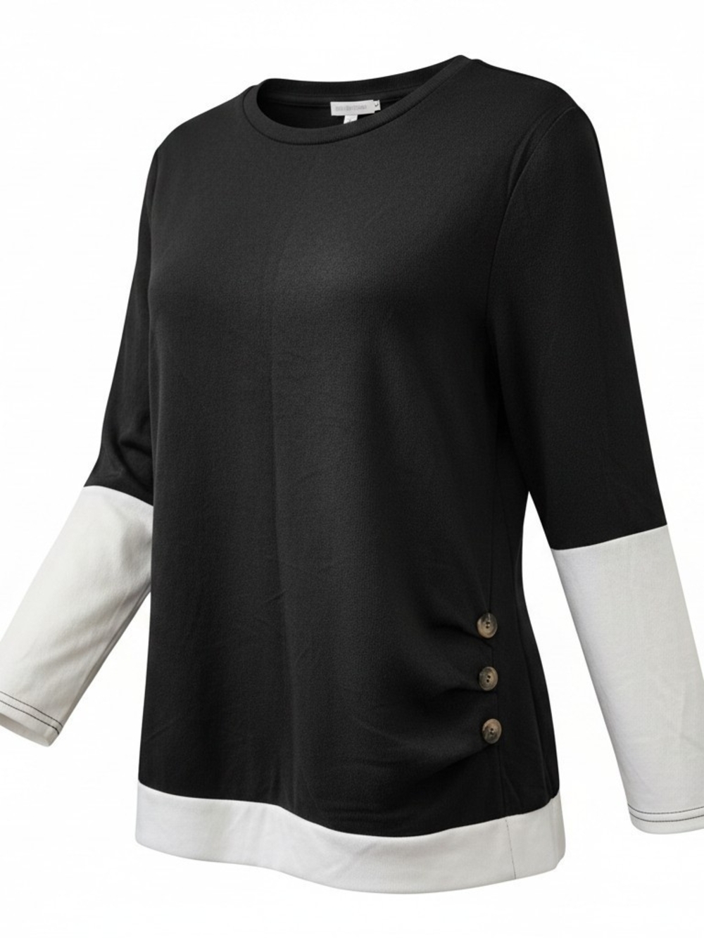 Women's Black & White Button-Side Long Sleeve Top - 1X